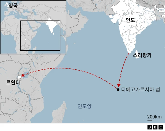 스리랑카-디에고가르시아 섬-르완다로 이어지는 이동 경로