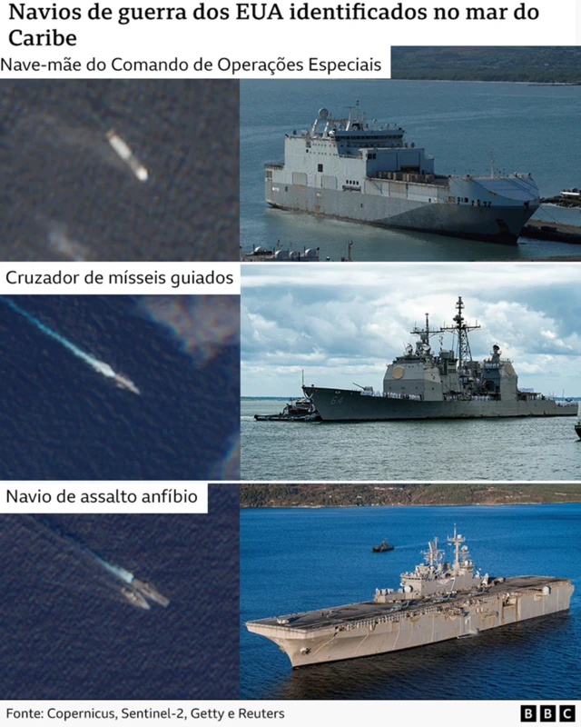 um navio do Comando de Operações Especiais, um cruzador de mísseis guiados e um navio de assalto anfíbio