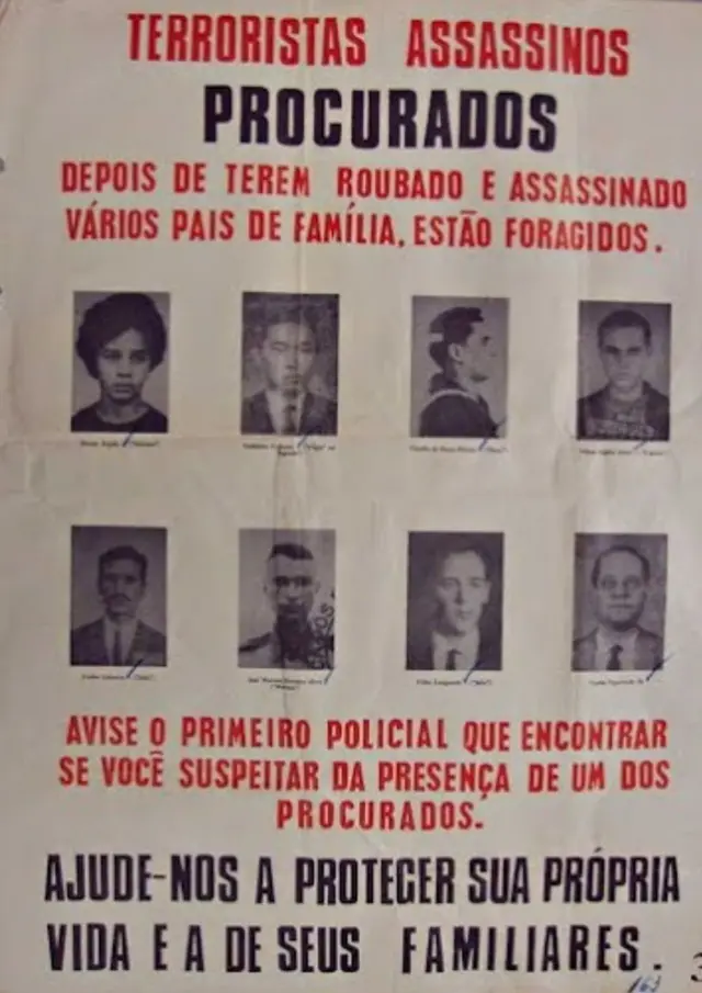 Cartaz da época da ditadura com fotoscomo criar aposta na sportingbetpessoas procuradas pelo regime, com os dizeres "Terroristas assassinos procurados - Depoiscomo criar aposta na sportingbetterem roubado e assassinado vários paiscomo criar aposta na sportingbetfamília, estão foragidos. Avise o primeiro policial que encontrar se você suspeitar da presençacomo criar aposta na sportingbetum dos procurados. Ajude-nos a protegercomo criar aposta na sportingbetprópria vida e acomo criar aposta na sportingbetseus familiares" 