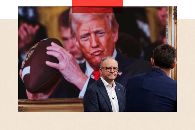 阿尔巴尼斯在Nine电视台参加《周日橄榄球秀》（Sunday Footy Show）节目时的画面