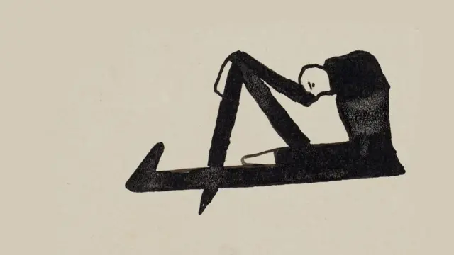 Dibujo de un hombre sentado y acongojado, hecho en tinta