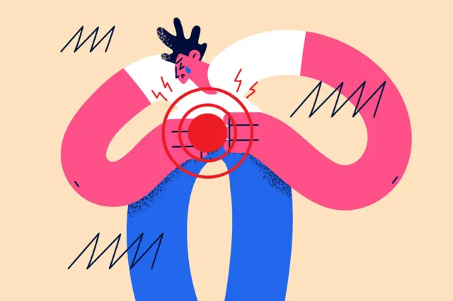 رسم توضيحي لشخص يضع يديه على بطنه ويعاني ألماً شديداً في منطقة المعدة، مع دائرة حمراء تشير إلى موضع الألم، في تجسيد بصري لوجع أو اضطراب في الجهاز الهضمي.