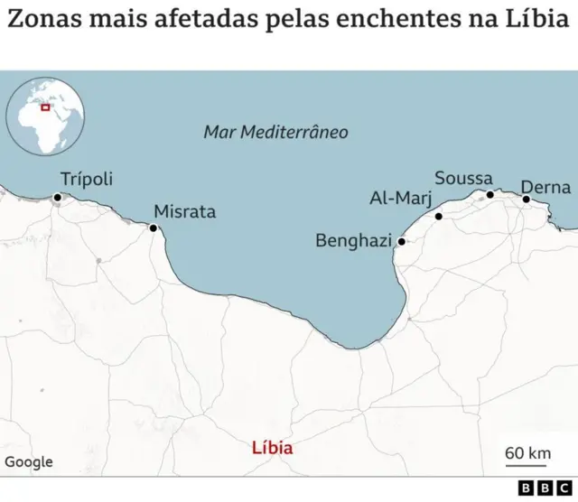 Mapa mostra cidades na costa da Líbia como as mais afetadas