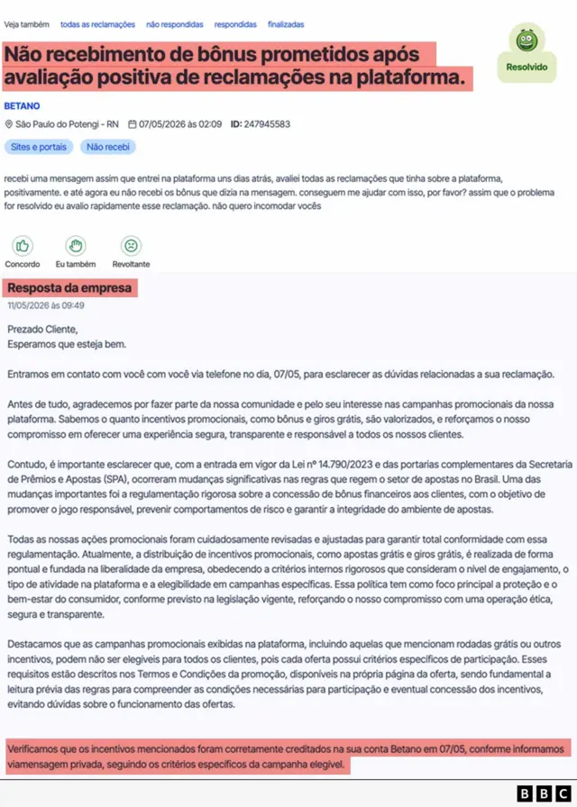 Imagem reproduz conversa entre usuário e a Betano no site Reclame Aqui