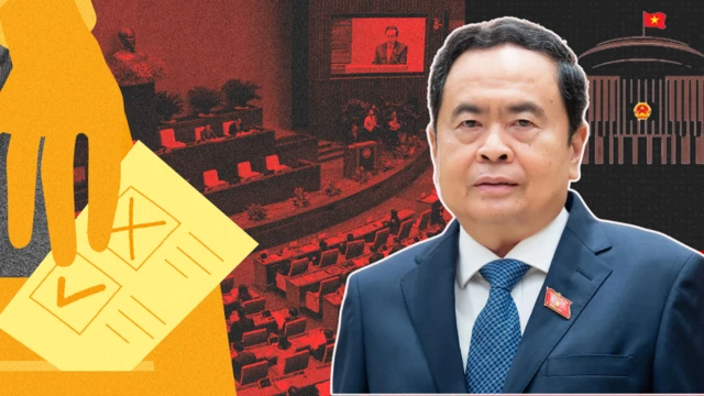 Ảnh thiết kế: Chân dung ông Trần Thanh Mẫn (bên phải) trên nền khán phòng họp Quốc hội, bên trái là hình minh họa bàn tay bỏ phiếu thông qua