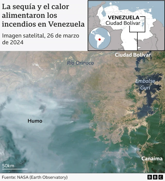 Imagen satelital muestra una enorme nube de humo de los incendios forestales en Venezuela durante marzo de 2024. 