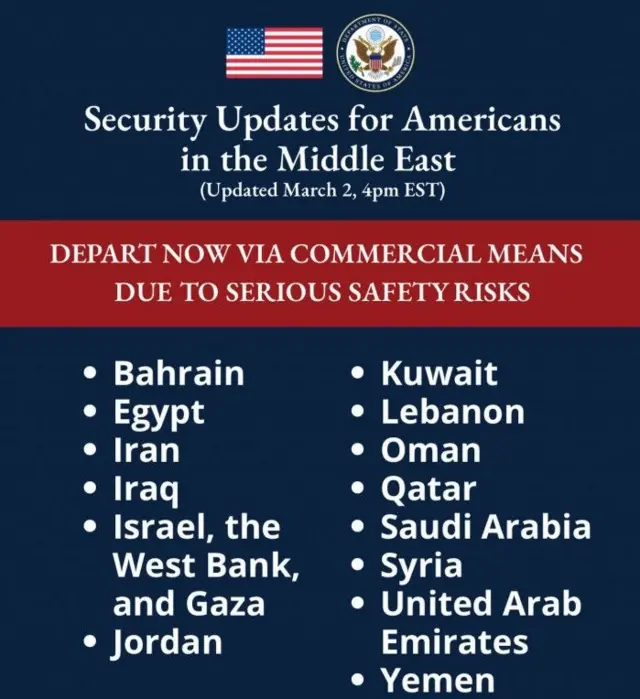 Колаж зі списком країн, звідки закликають виїхати американців