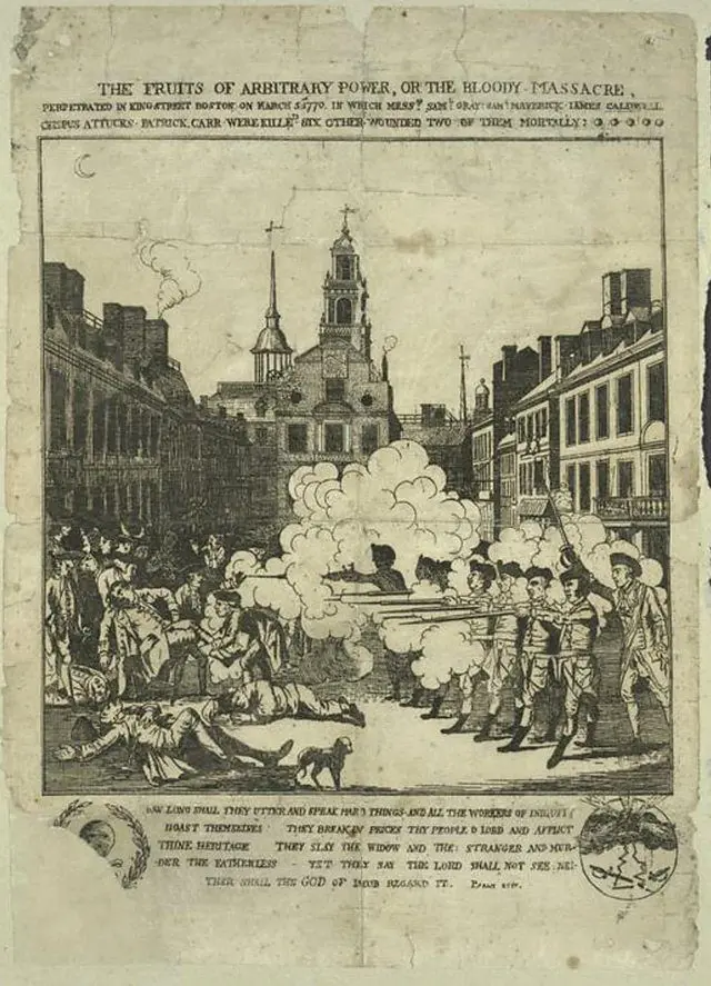Ilustração em preto e branco do Massacre de Boston