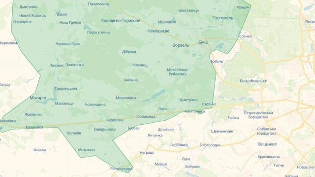 Зеленим виділені райони Київщини, звільнені від росіян у березні 2022 року