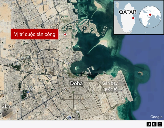 Bản đồ hiển thị vị trí cuộc tấn công của Israel vào một mục tiêu ở phía bắc Doha