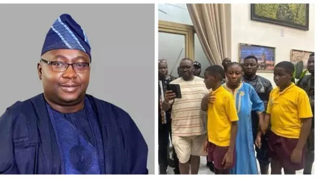 Minisita tẹlẹ fun ọrọ ina mọnamọna lorilẹede Naijiria; Adebayo Adelabu ree lapa osi, aworan apa ọtun ṣafihan rẹ pẹlu aburo rẹ; Olaide Busayo Adegoke John-Paul atawọn ibeji obinrin naa ti wọn ji gbe lọjọ kẹta oṣu Kẹfa ọdun 2026. Nigba ti wọn de pada ni won ya aworan yii nile Adelabu.
