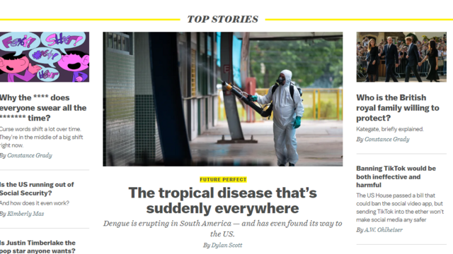 Reprodução do site Vox, cuja matéria principal é: 'The tropical disease that's suddenly everywhere'