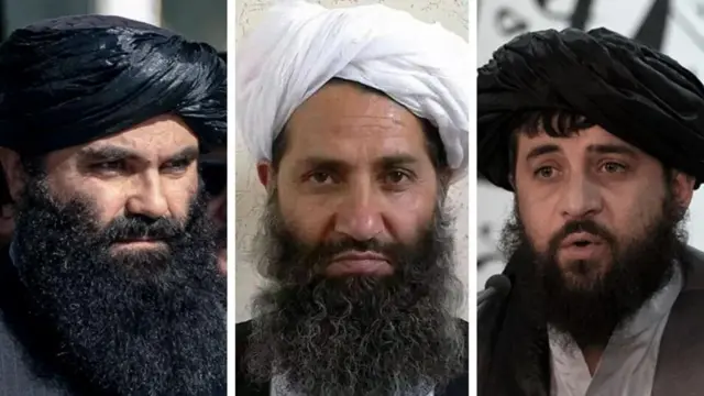 Kiongozi mkuu Hibatullah Akhundzada (katikati) ana "mamlaka kamili", alisema msemaji wake, lakini mawaziri ikiwemo Sirajuddin Haqqani (kushoto) na Mohammad Yaqoob (kulia) wamekuwa wakipinga baadhi ya maamuzi.