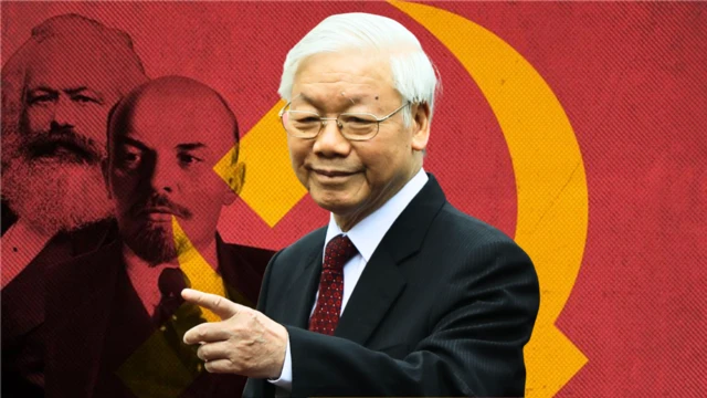 Ảnh thiết kế: Chân dung ông Nguyễn Phú Trọng, phía sau là cờ đảng, chân dung Mác Lenin làm mờ ở phía sau 