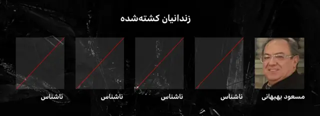 عکس مسعود بهبانی در یک تصویر گرافیکی در کنار چهار جای خالی عکس افراد ناشناسی که گفته شده در اثر حمله به زندان اوین کشته شدهاند