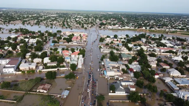 Yadda ruwa ya shanye gidaje a Maiduguri babban birnin jihar Borno.