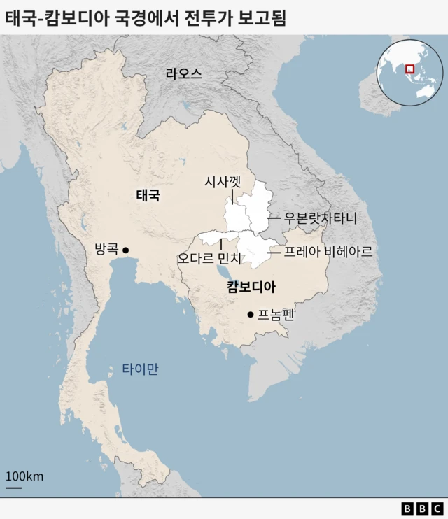최근 충돌이 발생한 태국-캄보디아 국경 지역