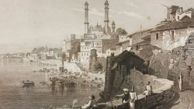 কাশীতে জ্ঞানবাপী মসজিদের মিনার, গঙ্গাবক্ষ থেকে। শিল্পী রবার্ট এলিয়টের স্কেচ