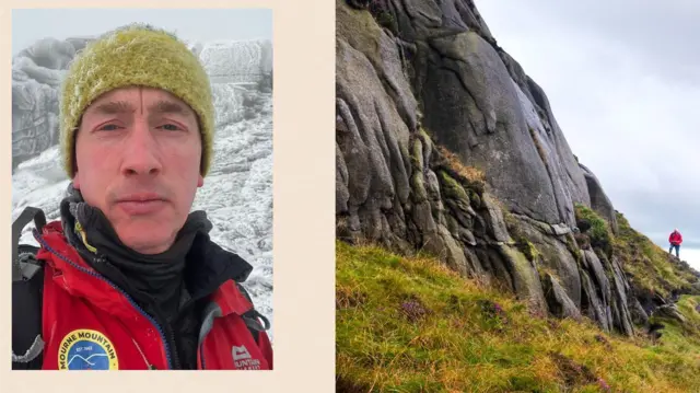 Martin McMullan po lewej, a po prawej stronie zdjęcie mężczyzny spacerującego po górach Mourne w Irlandii Północnej