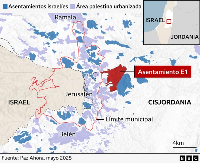 Mapa de la zona central de Cisjordania en el que se ve Jerusalén y dónde se construiría el nuevo asentamiento E1. 