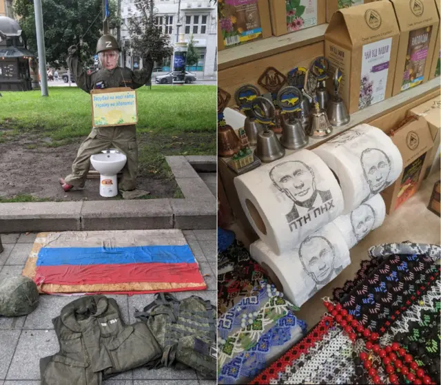 Hình cờ Nga làm thảm chùi chân, hình nộm Putin ở bồn cầu, và hình Putin trên giấy vệ sinh bán làm quà lưu niệm ở Odesa