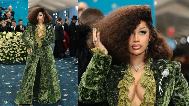 Umuhanzi Cardi B yaje mu mwambaro wa Burberry pantsuit w'icyatsi kibisi yajyanishije n'inzara ze