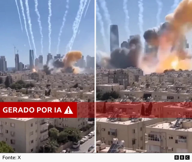 Duas capturas de tela do vídeo gerado por IA com o rótulo vermelho “gerado por IA”