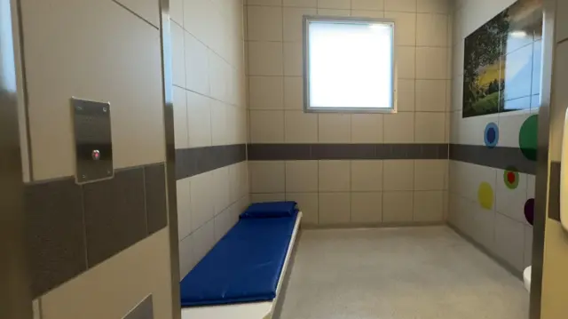 Dentro de una sala de custodia policial. Un fino cubrecama individual azul sobre suelo técnico. Una almohada azul encima. Una ventana cuadrada borrosa en el centro. Una imagen de naturaleza/montañas en la pared derecha.