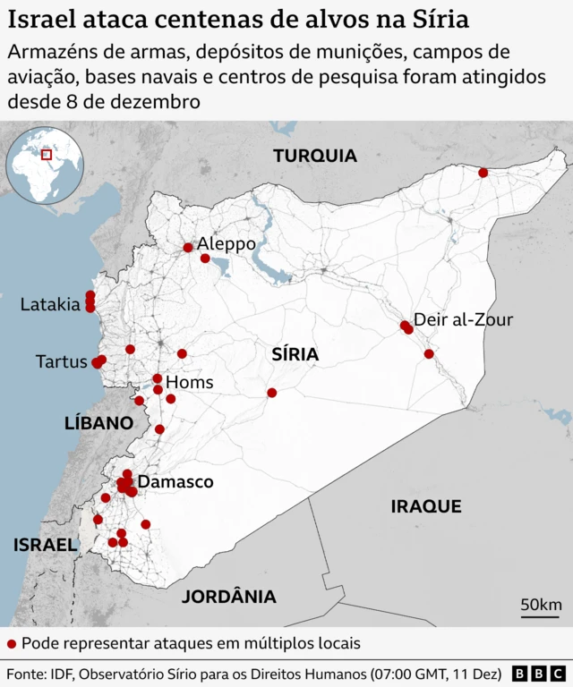 Mapa mostrando os lugares na Síria que Israel tem como alvo em ataques com mísseis, a maioria está no sul e oeste do país, particularmente ao redor da capital, Damasco