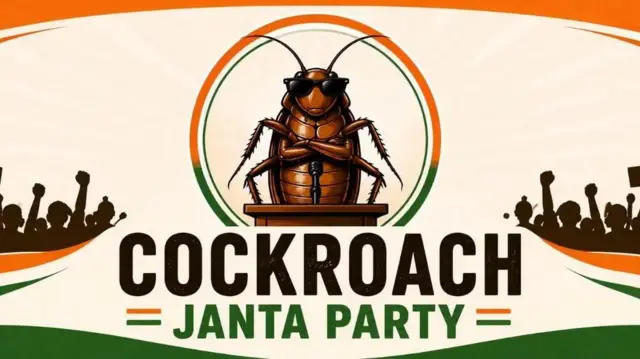 Cockroach wearing sunglasses standing behind a podium with a microphone, framed inside a circular emblem in orange, white, and green. Below the emblem, bold text reads - Cockroach Janta Party