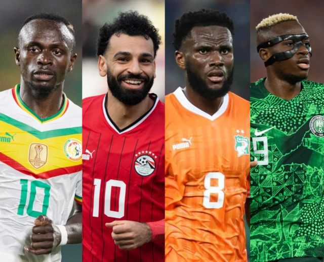 Image divisée en quatre colonnes verticales montrant Sadio Mané portant un maillot blanc du Sénégal, Mohamed Salah portant un maillot rouge de l'Égypte, Victor Osimhen portant un maillot vert du Nigéria et Frank Kessié portant un maillot orange de la Cote d'Ivoire. 