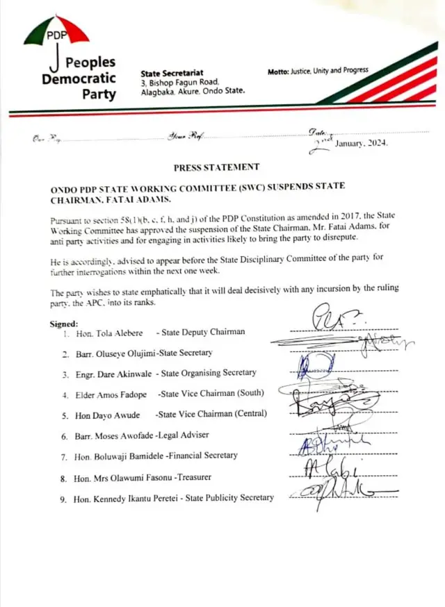 Ọjọ Ìṣegun ni PDP fi lẹta naa sita