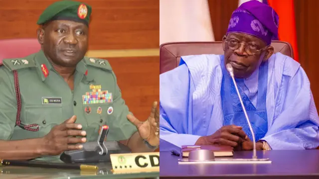 Olori ileeṣẹ ologun Naijiria, Ọgagun Christopher Musa ninu aṣọ ologun ati Aarẹ Bola Tinubu ninu agbada olomi aro pẹlu to ba a mu