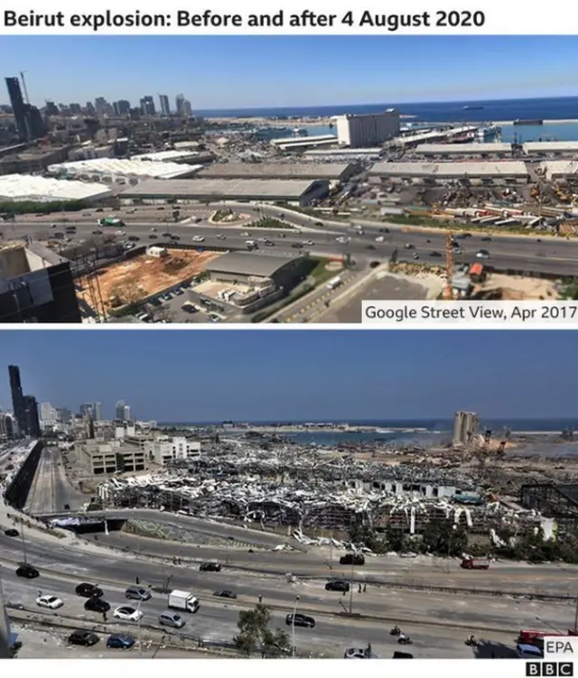Fotos of Beirut port before and afta di explosion