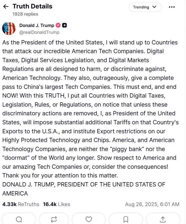 ડૉનાલ્ડ ટ્રમ્પ, બીબીસી ડૉનાલ્ડ ટ્રમ્પ, ટેરિફ અમેરિકા ભારત ટૅક કંપની બીબીસી ગુજરાતી ગુજરાતમાં સમાચાર નરેન્દ્ર મોદી ચીન રશિયા ઑઇલ કરવેરા વેરા જકાત
ભારતીય મીડિયામાં છપાયેલા સમાચાર અનુસાર ભારત સરકાર જવાબી કાર્યવાહી પ્રમાણે ગૂગલની પેરેન્ટ કંપની અલ્ફાબેટ, મેટા અને એમેઝોન જેવી કંપનીઓ પર ડિજિટલ સર્વિસ ટૅક્સ લગાવી શકે છે. જોકે ભારત સરકારે આ અંગે કોઈ નિવેદન આપ્યું નથી.