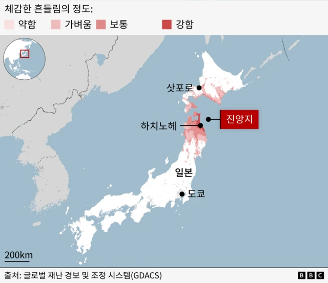 지진이 발생한 곳을 표기한 일본 지도