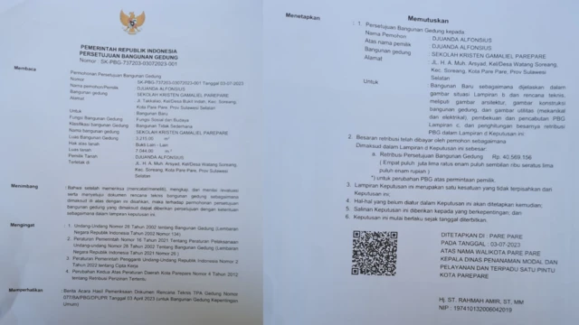 Persetujuan pendirian pembangunan Sekolah Kristen Gamaliel di Kota Parepare yang dikeluarkan Pemerintah Daerah Kota Parepare.