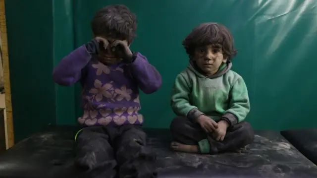 Syrian kids are seen after receiving medical treatment at the field hospital after Assad Regime's alleged chlorine gas attack in Hamouriyah district of Eastern Ghouta in Damascus, Syria on March 6, 2018