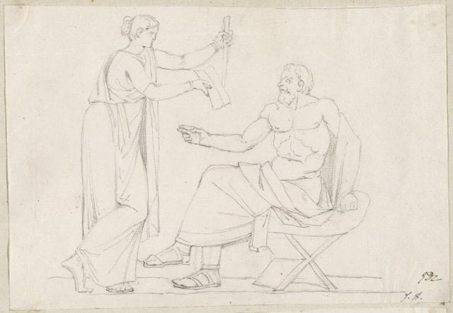 Diotima parada le muestra una hoja a Sócrates que está sentado