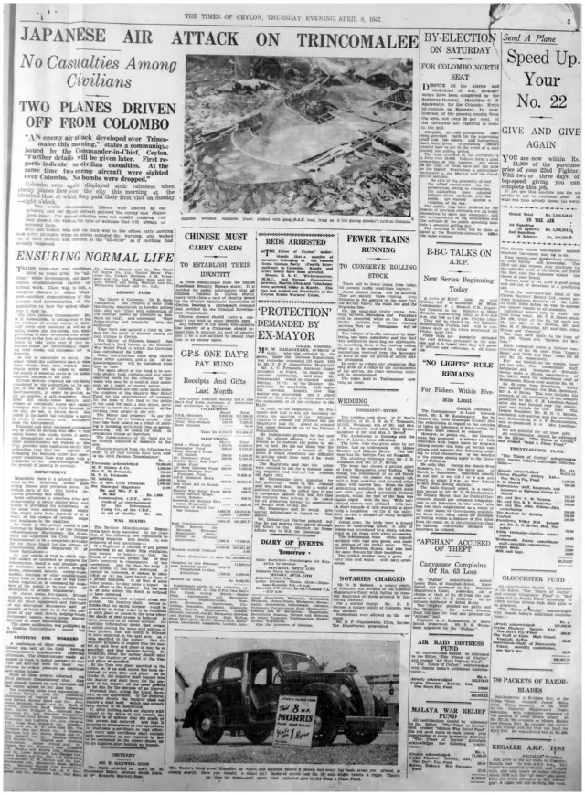 "ද සිලෝන් ඔබ්සර්වර්" ඉංග්‍රීසි පුවත්පතේ ද 1942 අප්‍රෙල් 09 සන්ධ්‍යා පුවත්පතේ ත්‍රීකුණාමලය ගුවනින් වැටලූ බව වාර්තා කර තිබේ.