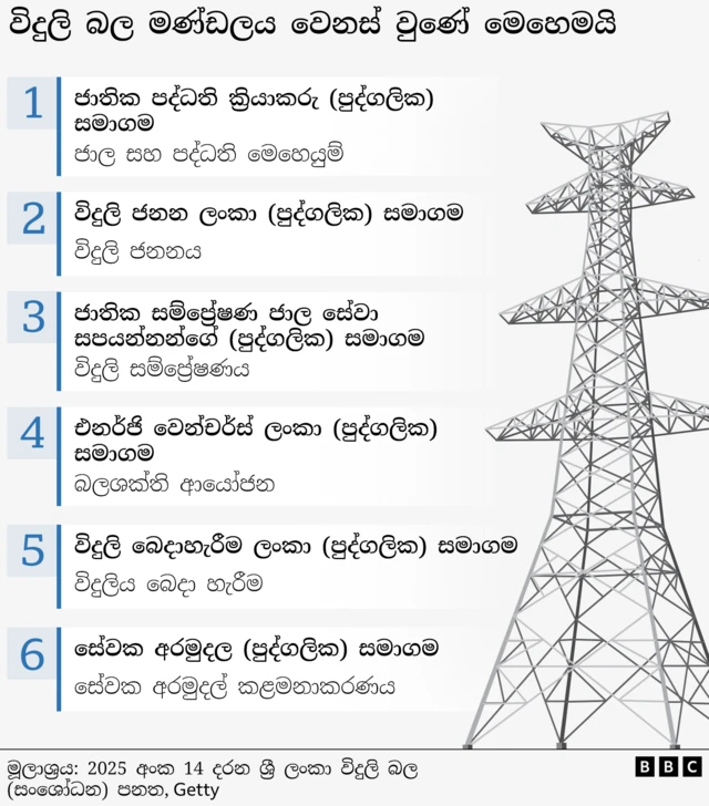 පෙර පැවති ලංකා විදුලි බල මණ්ඩලය අහෝසි වන අතර විදුලි ජනන ලංකා (පුද්ගලික) සමාගම, ජාතික සම්ප්‍රේෂණ ජාල සේවා සපයන්නන්ගේ (පුද්ගලික) සමාගම, ජාතික පද්ධති ක්‍රියාකරු (පුද්ගලික) සමාගම, විදුලි බෙදාහැරීම ලංකා (පුද්ගලික) සමාගම, සේවක අරමුදල (පුද්ගලික) සමාගම සහ එනර්ජි වෙන්චර්ස් ලංකා (පුද්ගලික) සමාගම යන සමාගම් මෙතැන් සිට ක්‍රියාත්මක වීම සිදුවේ.