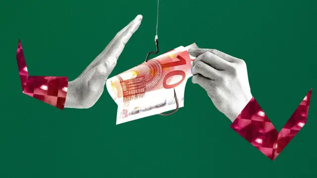 Колаж - одна рука протягує 10 евро на гачку, інша відмовляється, на зеленому тлі