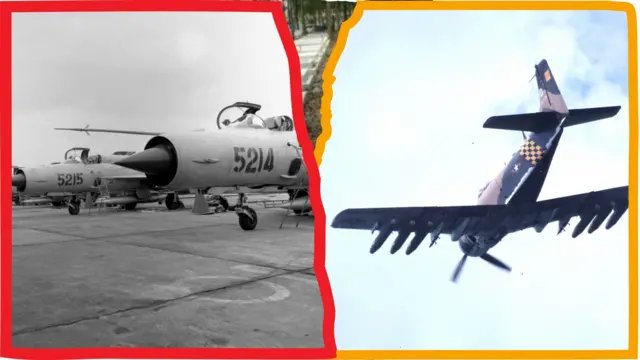 Trong khi Trung Quốc và Liên Xô chi phối miền Bắc thì Mỹ chi phối miền Nam. Trong ảnh là máy bay MiG-21 (trái) của Liên Xô từng được Bắc Việt sử dụng trong chiến tranh; bên phải là máy bay Douglas A1 của Mỹ trong biên chế của Không lực Việt Nam Cộng hòa.