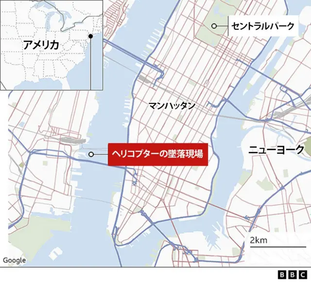 ヘリコプターの墜落現場周辺の地図
