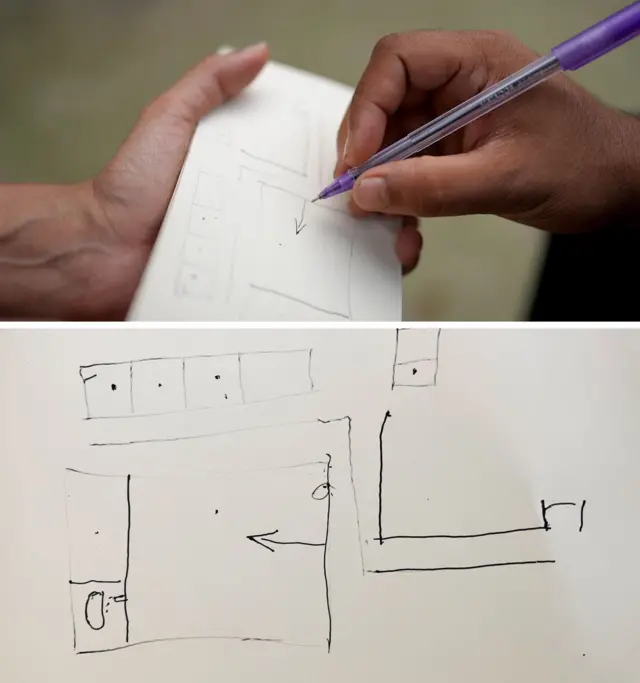 A composite image shows a close up of Rahmatullah drawing a sketch of the layout of his cell on a piece of paper, and below it is a close up photo showing the sketch itself. It's a basic line sketch showing an aerial view of what looks like several small cells with a corridor running through it with an arrow pointing left.
