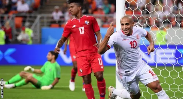 Wahbi Khazri celebrates a goal against Panama at the 2018 World Cup