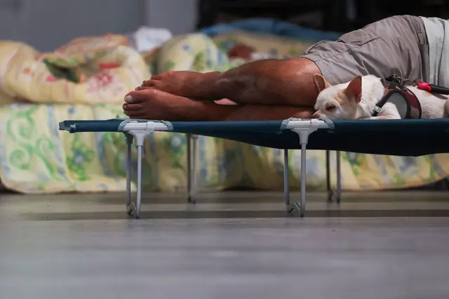 Tahliye edilen bir adam ve köpeği bir döşekte uyuyor