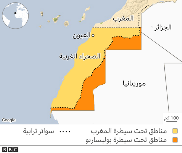 خريطة توضح الخلاف بين المغرب والبوليساريو على الصحراء الغربية