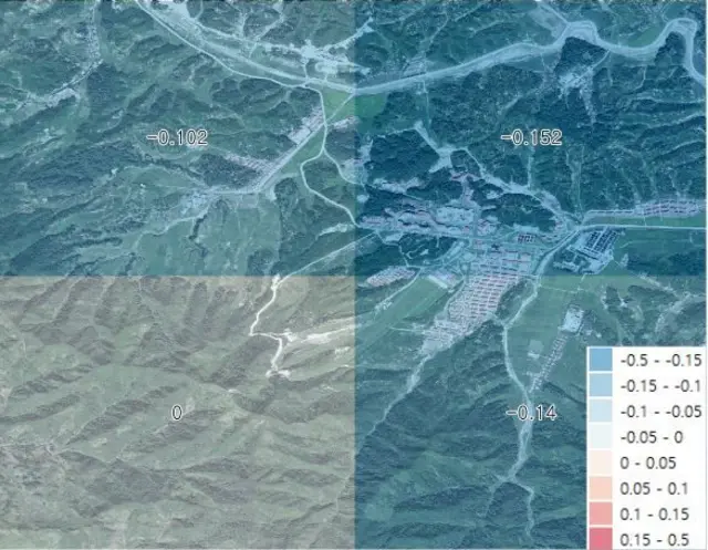 양덕온천 문화지구 2019~2021년 분석 지도는 푸른색(경제 후퇴)으로 가득하다