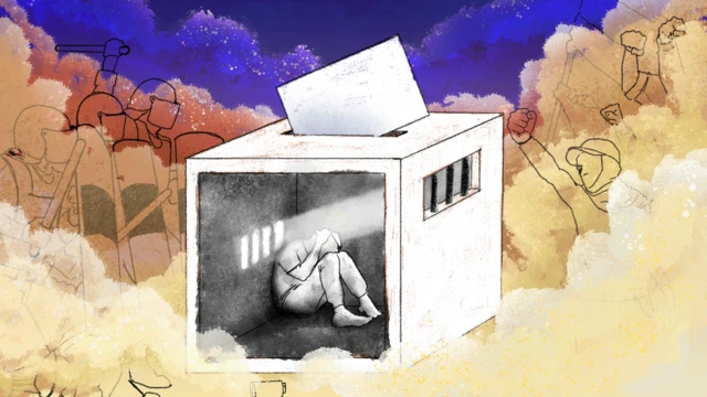 Ilustración de un detenido encerrado en una papeleta que también es una celda de castigo y rodeado por manifestantes y fuerzas del orden.